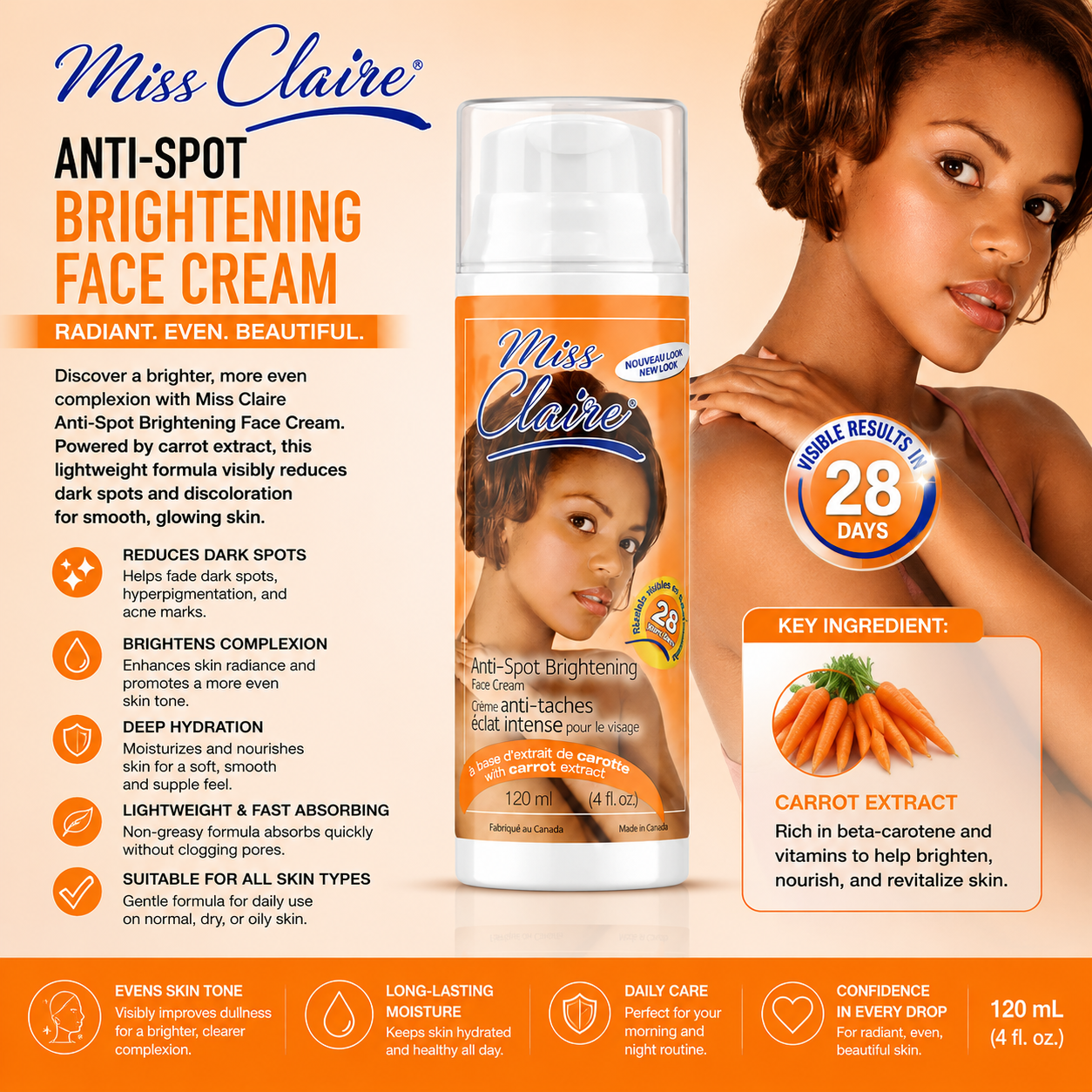 Miss Claire – Crème Éclaircissante Anti-Taches pour le Visage, 120 mL