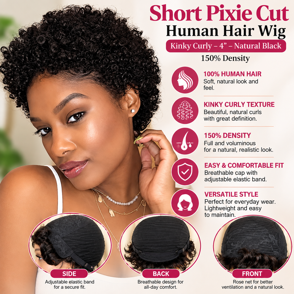 Short Pixie Cut Human Hair Wig – Kinky Curly – 4″ – Natural Black – 150% Density Clessenza Beauty Store