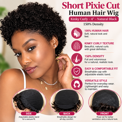Short Pixie Cut Human Hair Wig – Kinky Curly – 4″ – Natural Black – 150% Density Clessenza Beauty Store