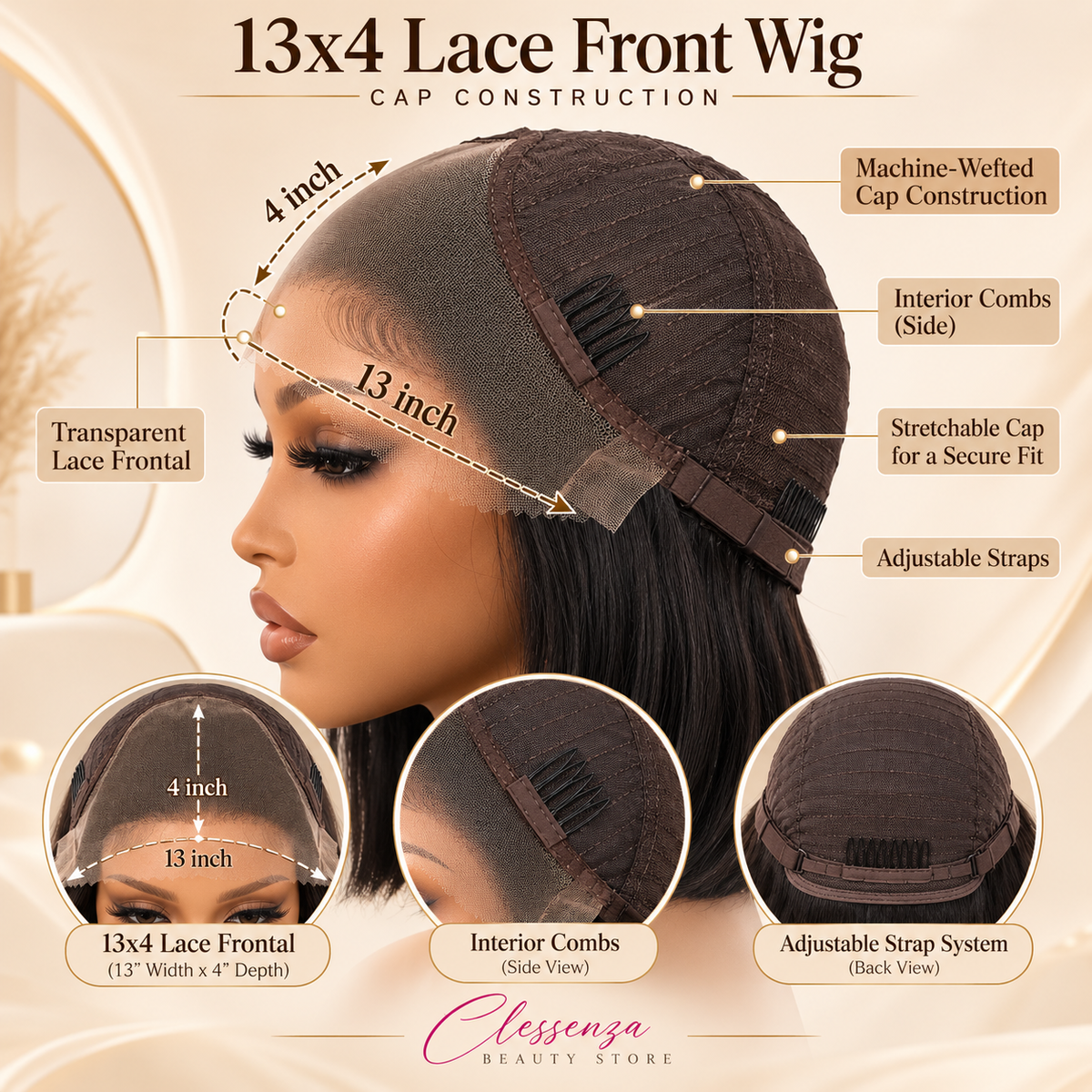 13×4 Lace Front Human Hair Bob Wig – 12″ Straight – Natural Black – 150% Density Clessenza Beauty Store
