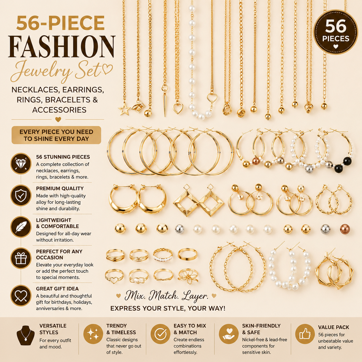 56-Piece Fashion Jewelry Set (No Box) – Necklaces, Earrings, Rings, Bracelets & Accessories