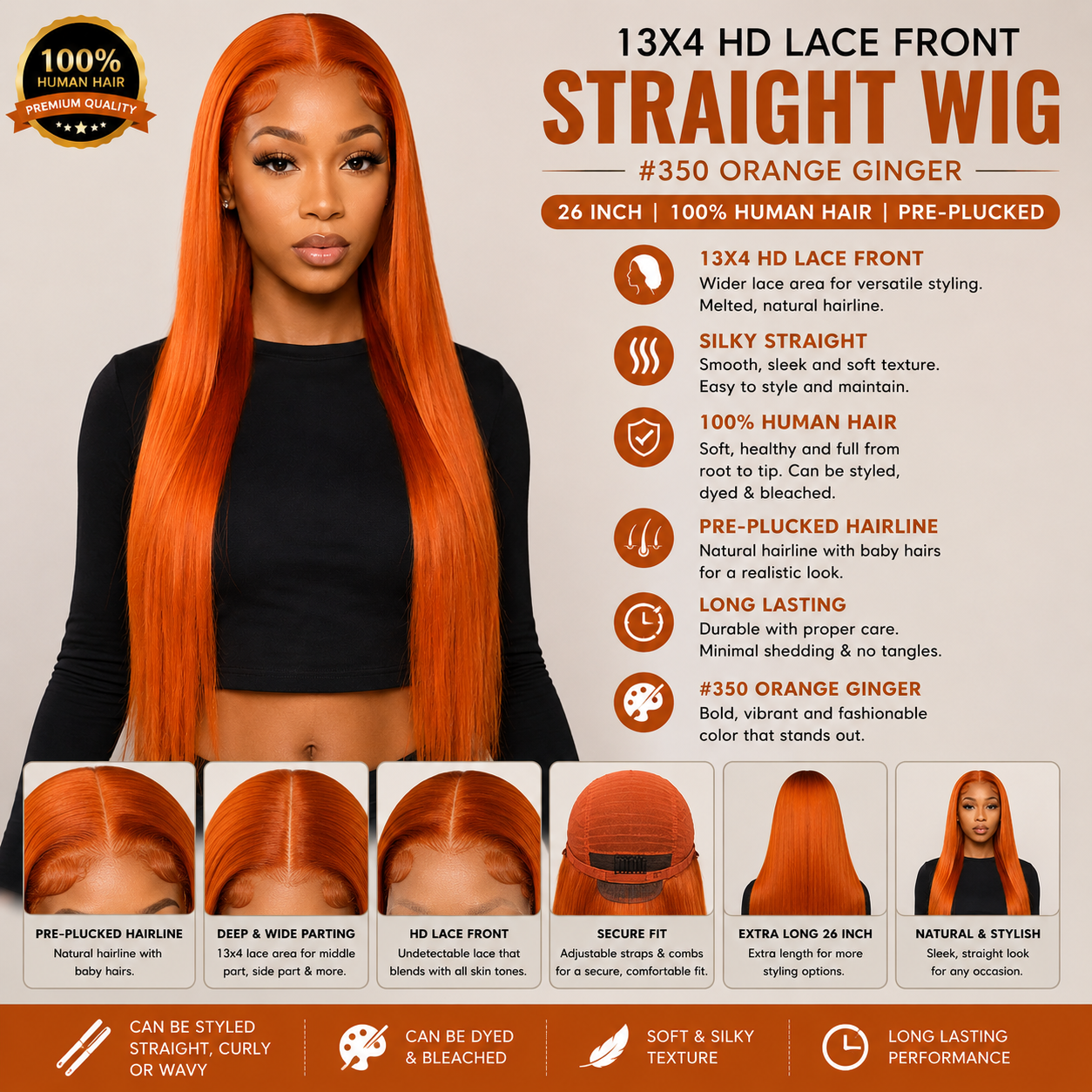 Perruque Lisse en Cheveux Humains Orange Gingembre #350, 26 po – Lace Front HD 13x4 Pré-Épilée
