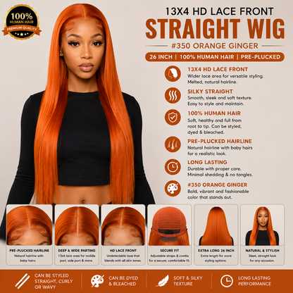 Perruque Lisse en Cheveux Humains Orange Gingembre #350, 26 po – Lace Front HD 13x4 Pré-Épilée