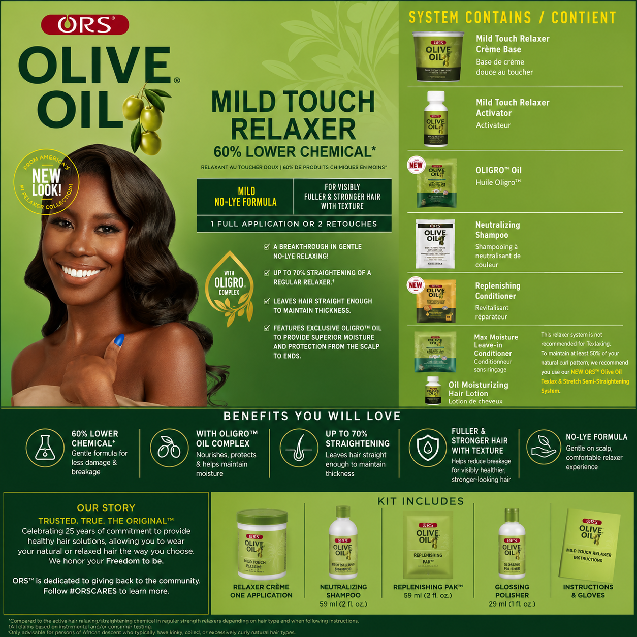 ORS Olive Oil Mild Touch Relaxer product packaging with features and benefits on a green background.