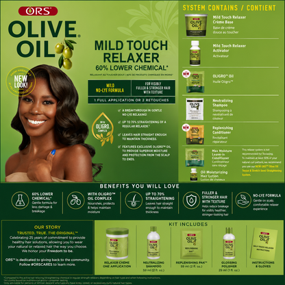ORS Olive Oil Mild Touch Relaxer product packaging with features and benefits on a green background.