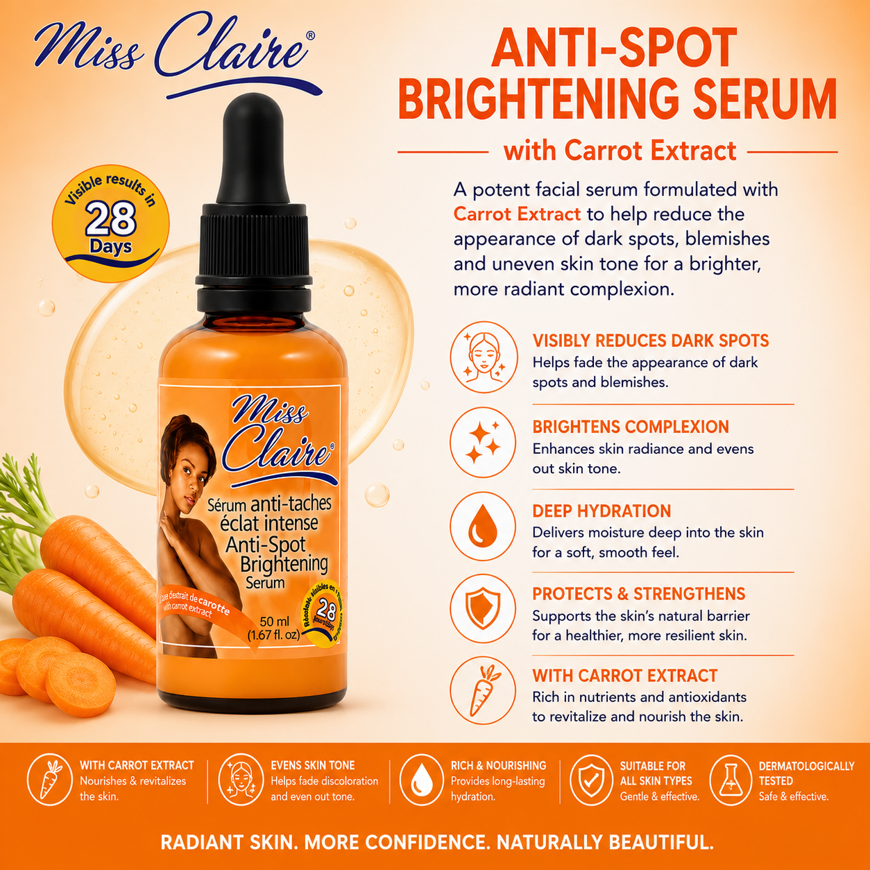 Miss Claire – Sérum Visage Éclaircissant Anti-Taches à l'Extrait de Carotte, 50 mL