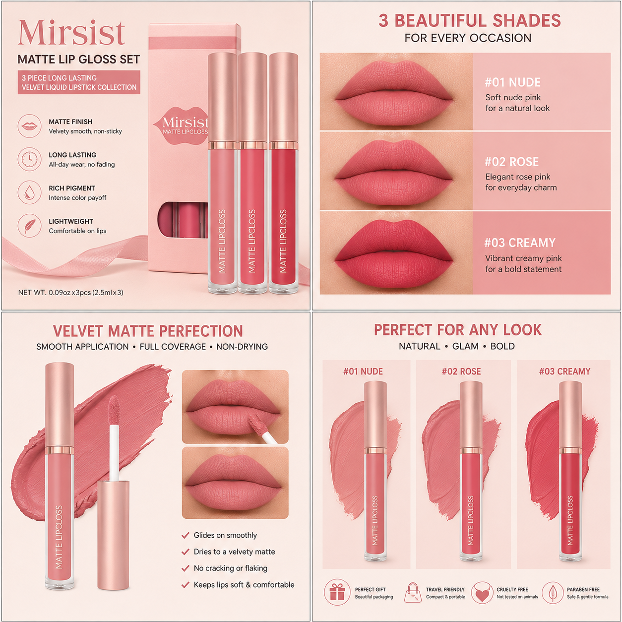 Ensemble de Rouges à Lèvres Liquides Mats Mirsist – Collection Velours Longue Tenue 3 Pièces