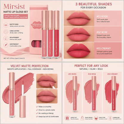Ensemble de Rouges à Lèvres Liquides Mats Mirsist – Collection Velours Longue Tenue 3 Pièces