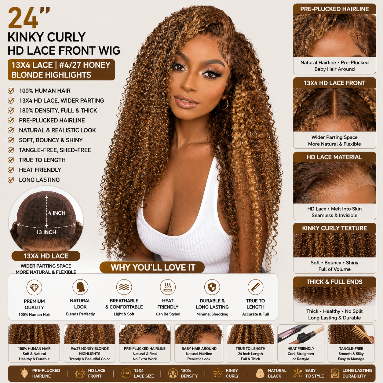 24″ Kinky Curly HD Lace Front Human Hair Wig – 13×4 Lace, #4/27 Honey Blonde Highlights, 180% Density