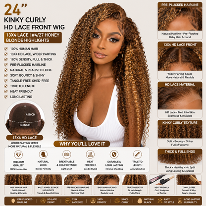 24″ Kinky Curly HD Lace Front Human Hair Wig – 13×4 Lace, #4/27 Honey Blonde Highlights, 180% Density