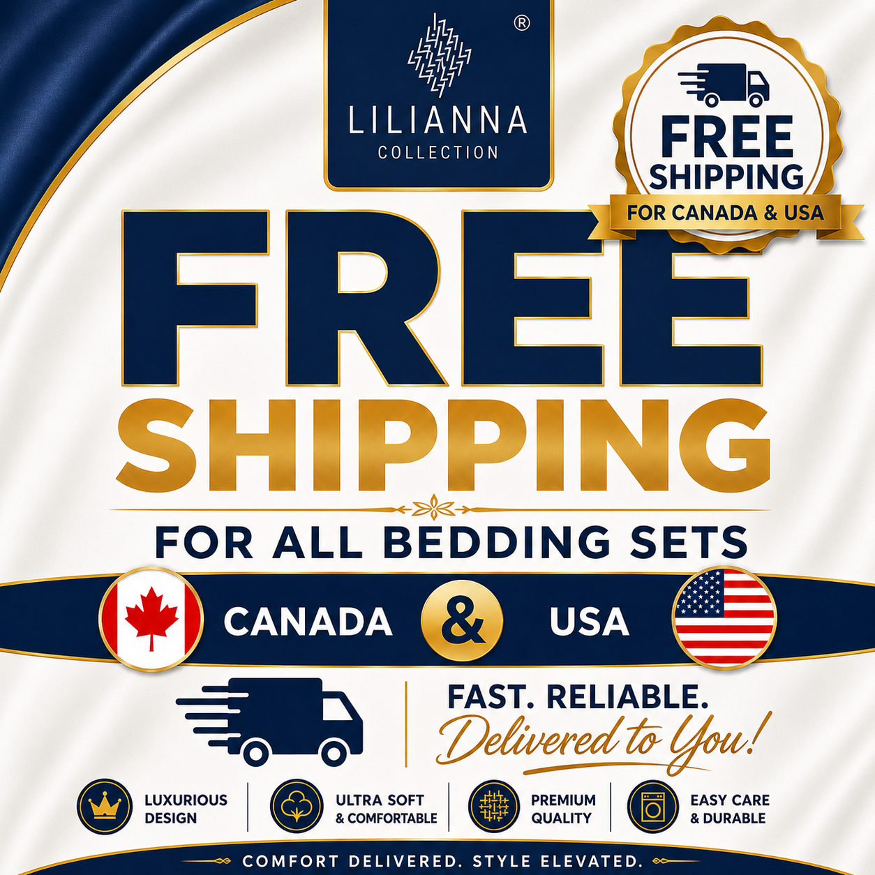 Promotional banner for LILIANNA Collection bedding sets with free shipping for Canada and USA.