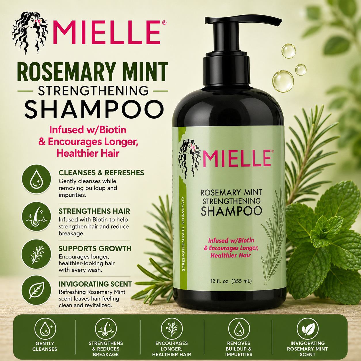 Mielle – Rosemary Mint Strengthening Shampoo, 12 fl oz