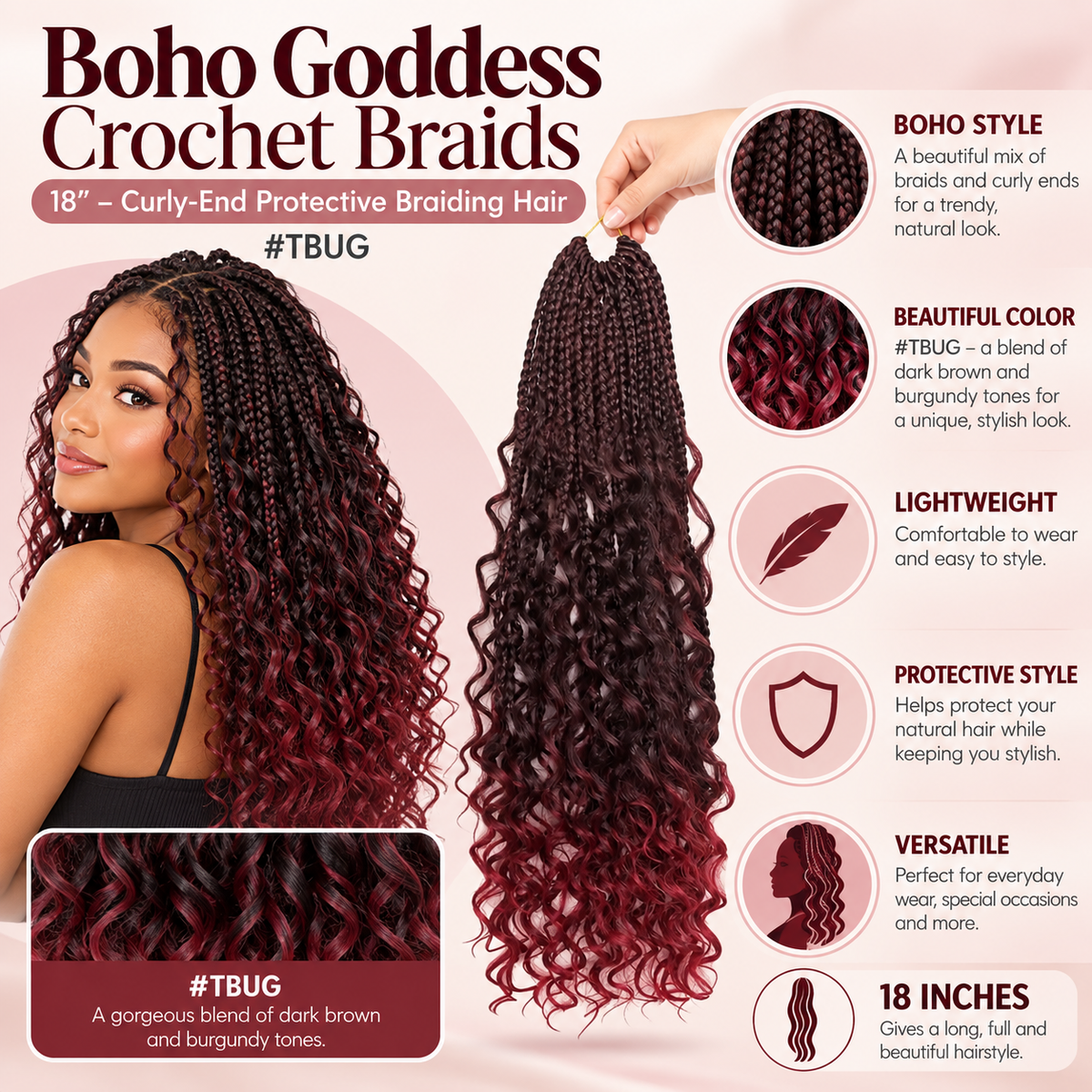 Boho Goddess Crochet Braids 18″ – Curly-End Protective Braiding Hair, Color #TBUG Burgundy Ombre Clessenza Beauty Store