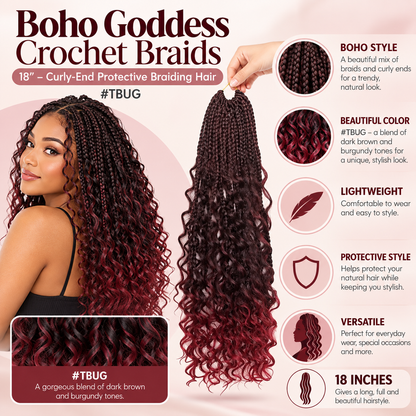 Boho Goddess Crochet Braids 18″ – Curly-End Protective Braiding Hair, Color #TBUG Burgundy Ombre Clessenza Beauty Store