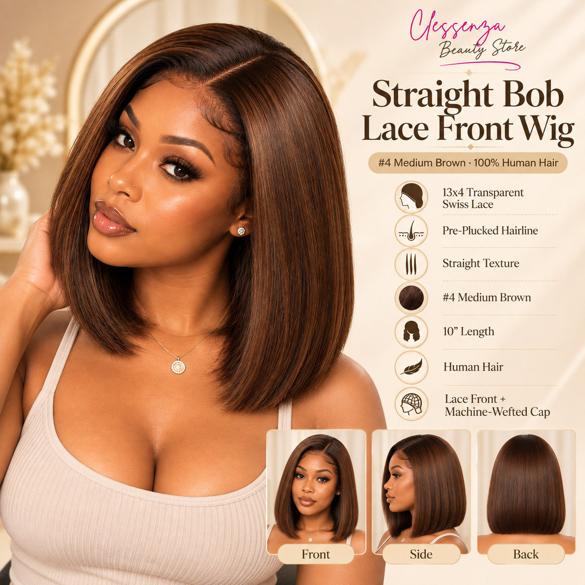 13×4 Lace Front Human Hair Bob Wig – Sleek Straight 10″ #4 Medium Brown Clessenza Beauty Store