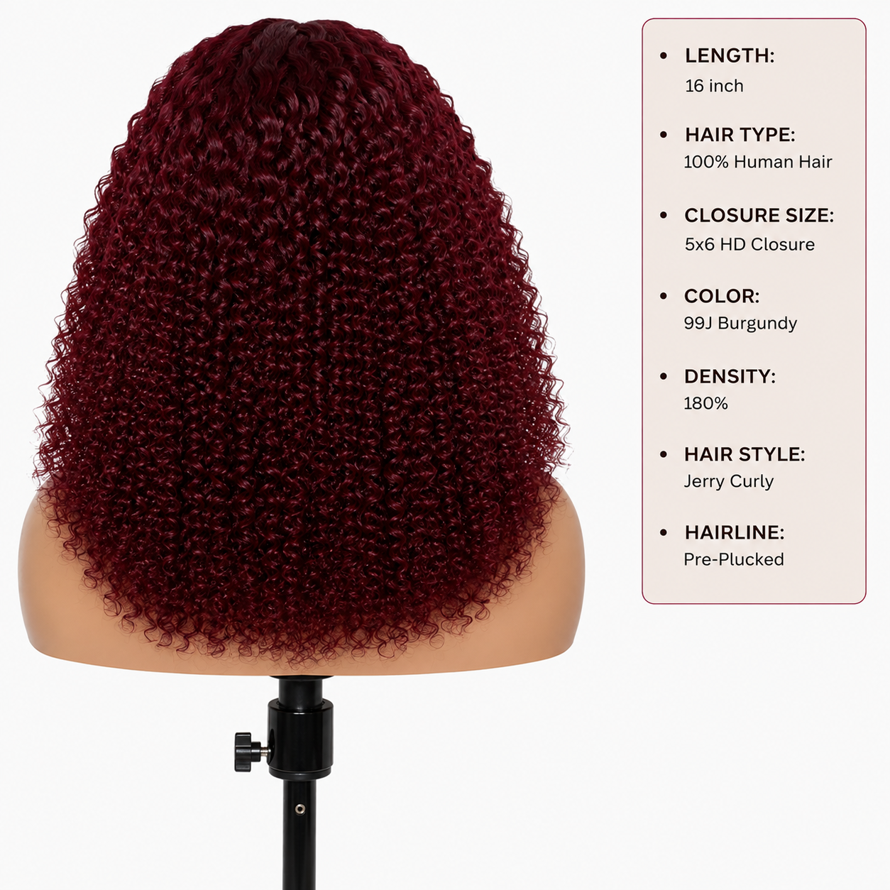 16″ 5x6 HD Closure Jerry Curly Human Hair Wig – 99J Burgundy, Pre-Plucked, 180% Density Clessenza Beauty Store