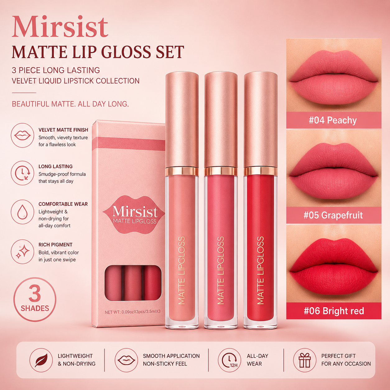 Ensemble de Rouges à Lèvres Liquides Mats Mirsist – Collection Velours Longue Tenue 3 Pièces