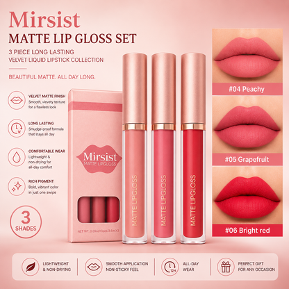 Ensemble de Rouges à Lèvres Liquides Mats Mirsist – Collection Velours Longue Tenue 3 Pièces