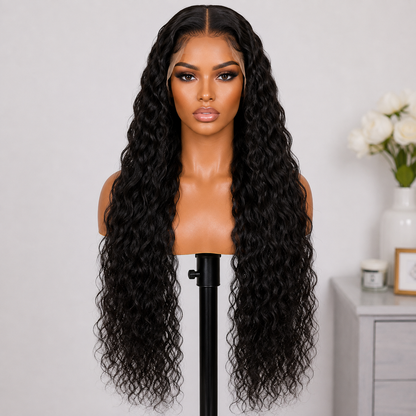 13×4 Lace Front Human Hair Wig – Luxury Water Wave 30″ – Natural Black – 180% Density Clessenza Beauty Store