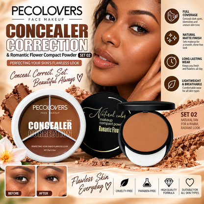 Pecolovers Concealer Correction & Romantic Flower Compact Powder Set – Full Coverage Face Makeup Duo Clessenza Beauty Store
