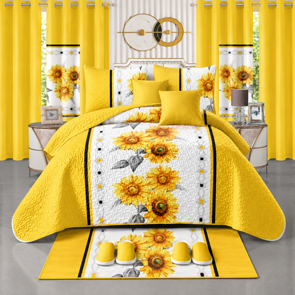 Ensemble de Literie Luxe Tournesol Jaune et Blanc 24 Pièces King avec Rideaux et Accessoires de Salle de Bain