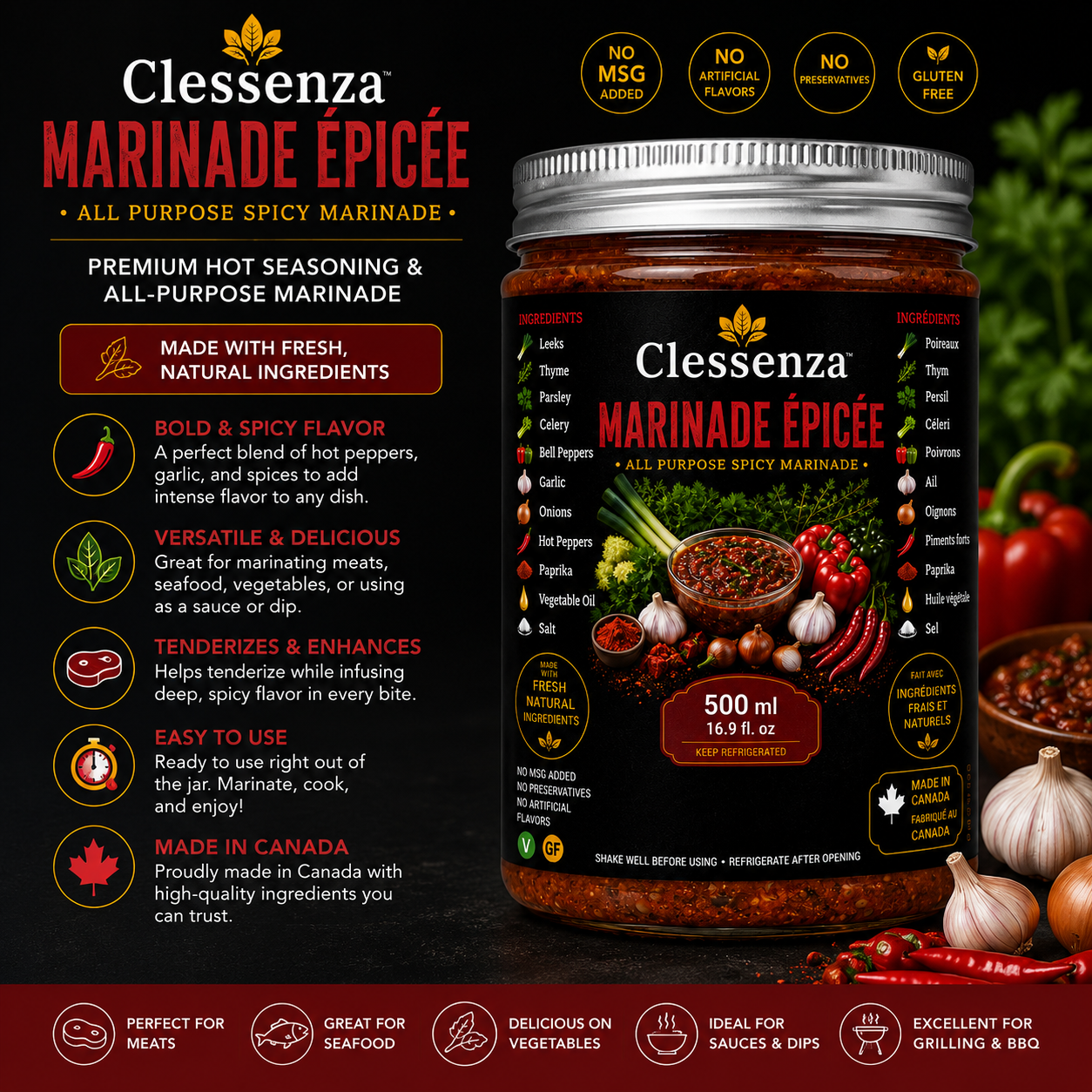 Clessenza Spicy Marinade – Premium Hot Seasoning & All-Purpose Marinade, 500 mL