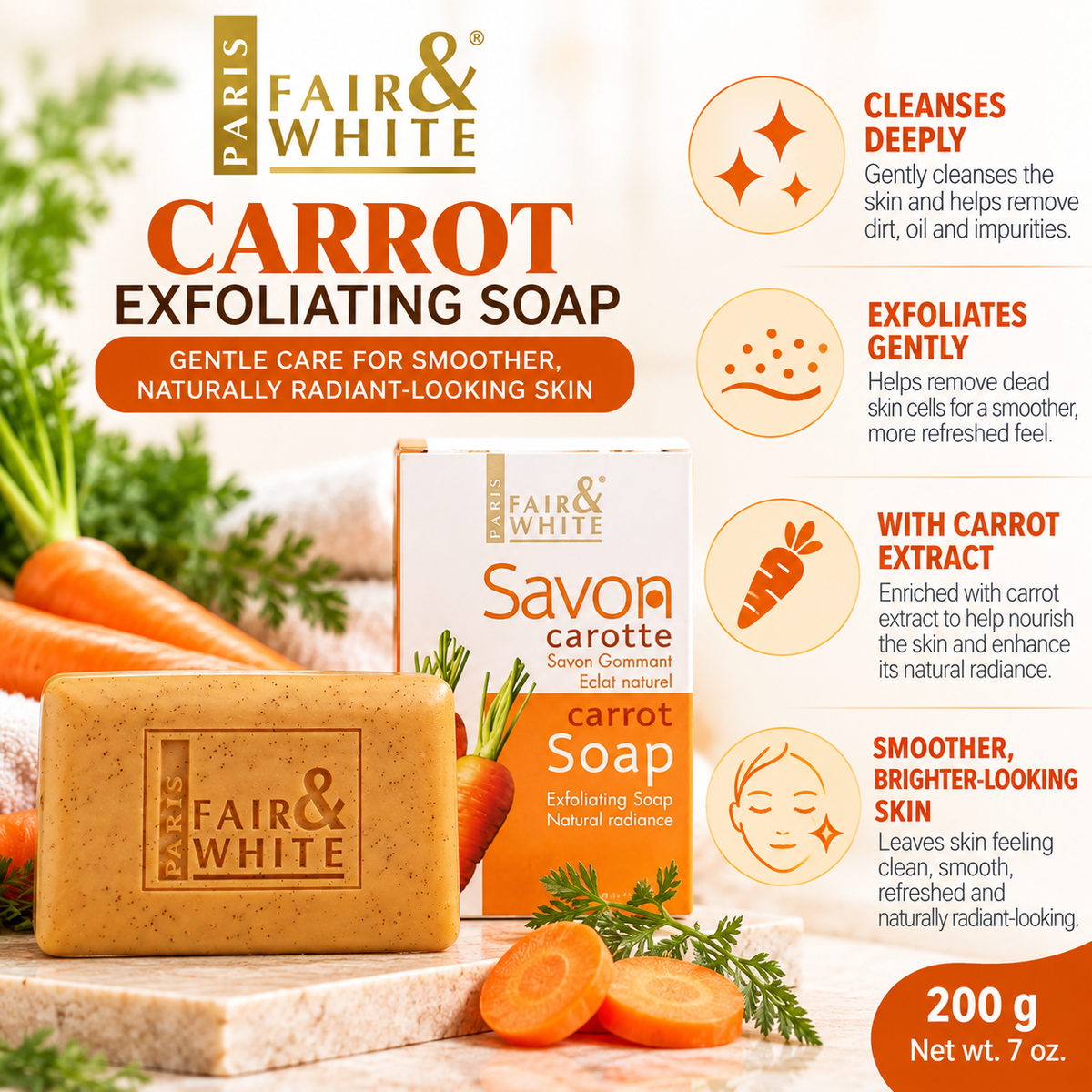Fair & White Paris – Original Carrot Exfoliating Soap, 200g Fair & White Paris
