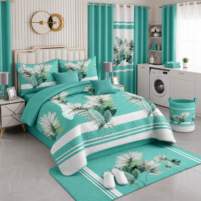 Ensemble de Literie Luxe Floral Turquoise 24 Pièces King avec Rideaux et Accessoires de Salle de Bain