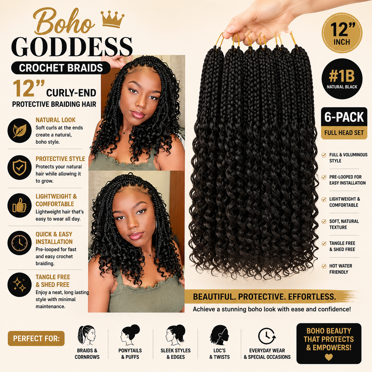 Tresses Crochet Boho Goddess 12 po – Pointes Bouclées, Couleur #1B, Ensemble Complet 6 Paquets