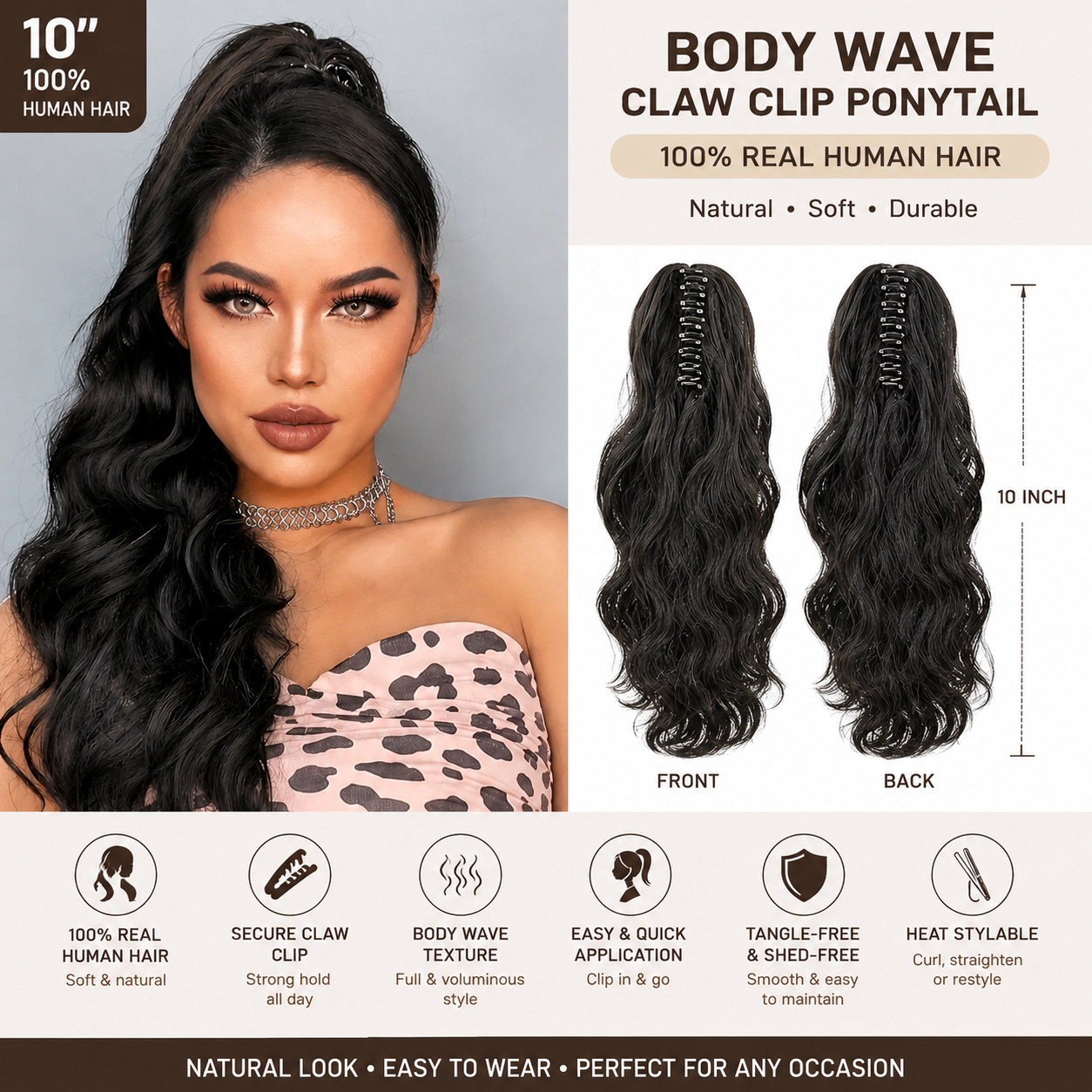 Extension Ponytail Body Wave à pince griffe en cheveux humains 100 % naturels