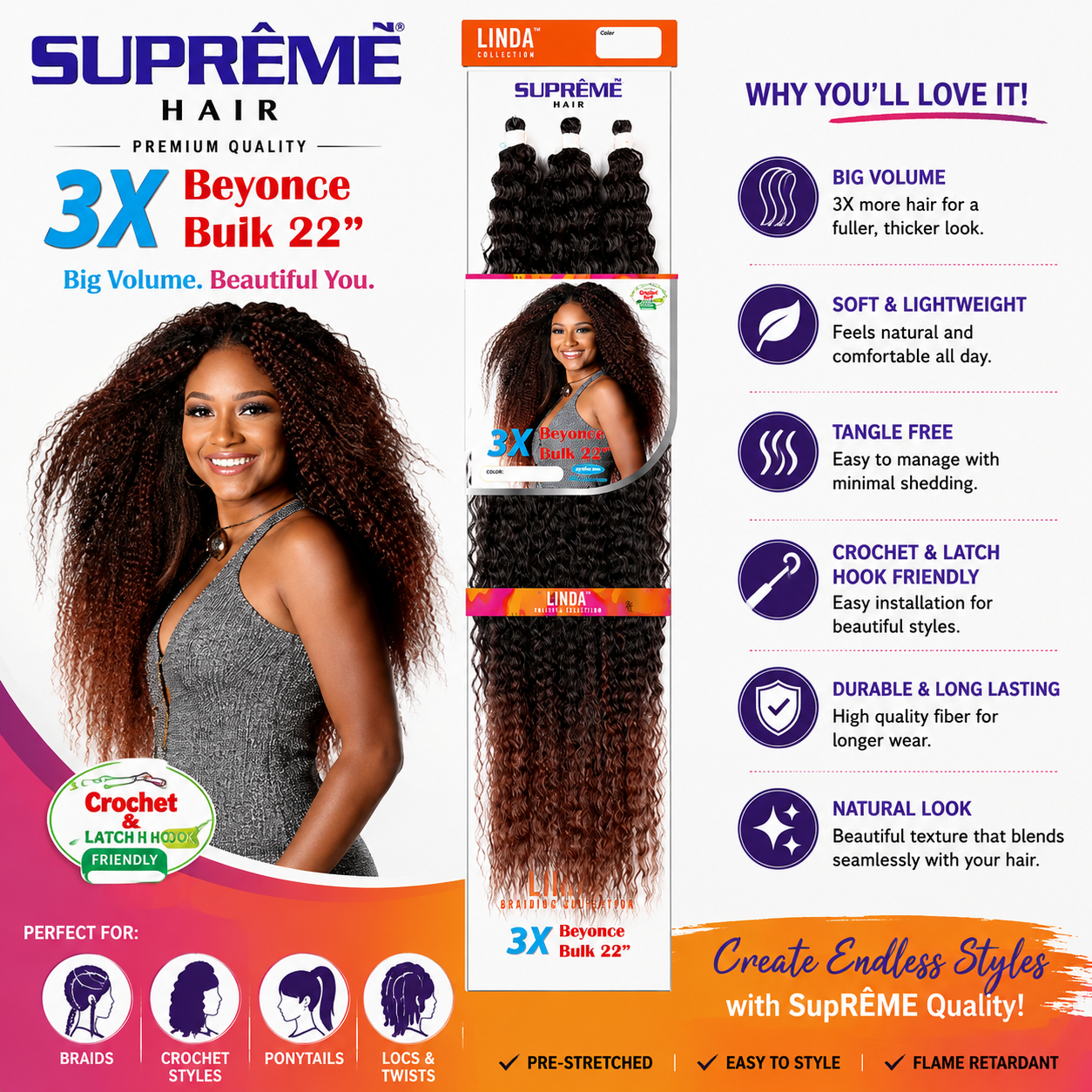 SUPRÊME Hair 3X Beyonce Bulk 22 Inch Crochet & Braiding Hair