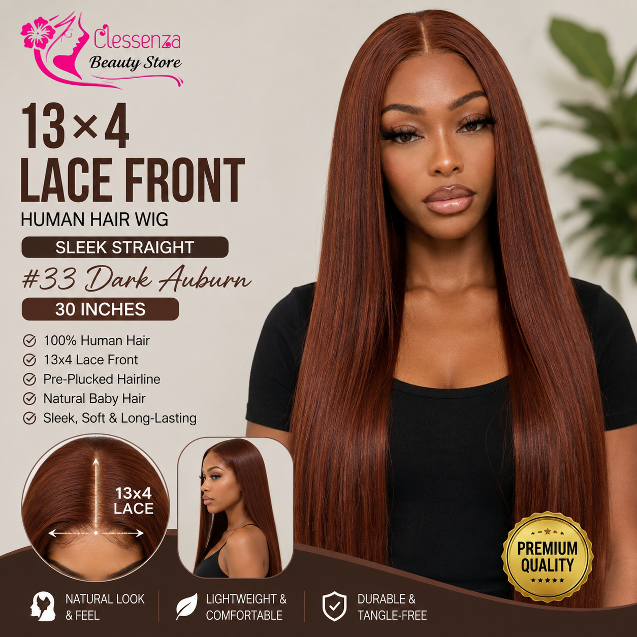 13×4 Lace Front Human Hair Wig – Sleek Straight 30″ #33 Dark Auburn Clessenza Beauty Store