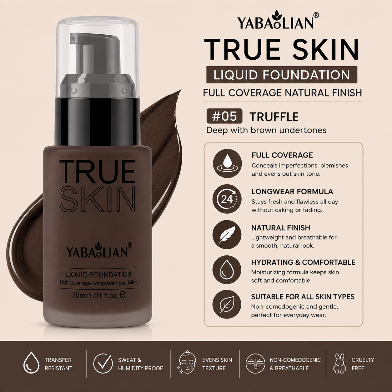 Yabaolian True Skin Liquid Foundation – Full Coverage Natural Finish Foundation Clessenza Beauty Store