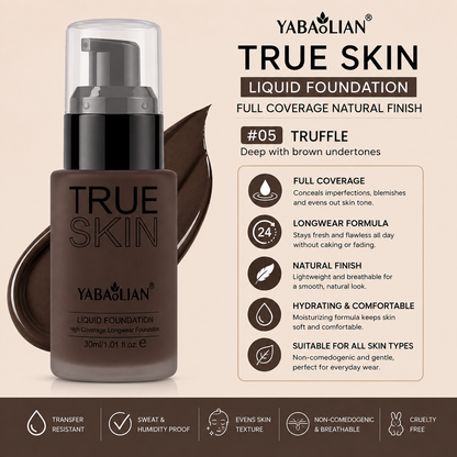 Yabaolian True Skin Liquid Foundation – Full Coverage Natural Finish Foundation Clessenza Beauty Store
