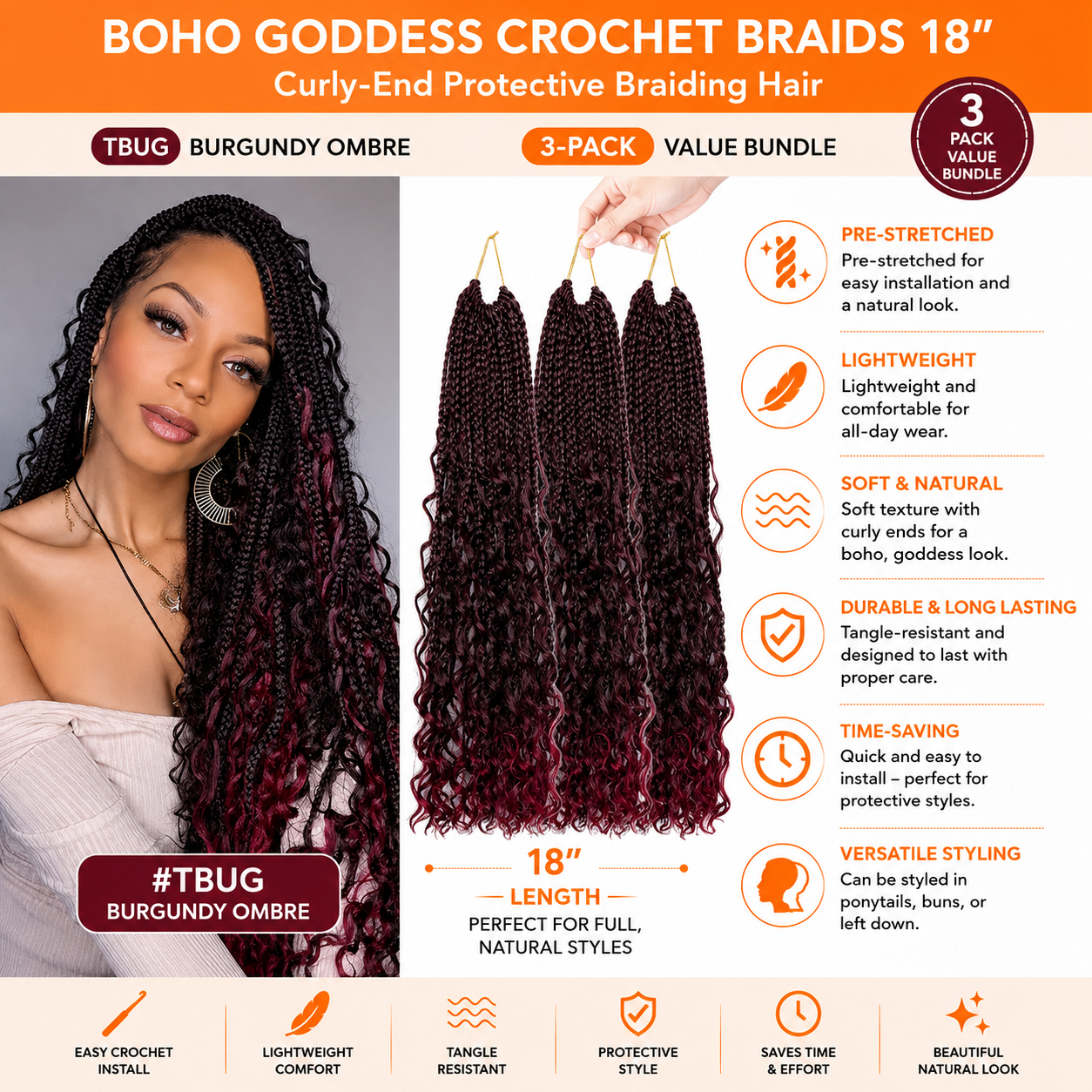 Tresses Crochet Boho Goddess 18 po – Cheveux de Tressage Protecteur à Pointes Bouclées, Couleur #TBUG Ombré Bourgogne | Ensemble Économique de 3 Paquets