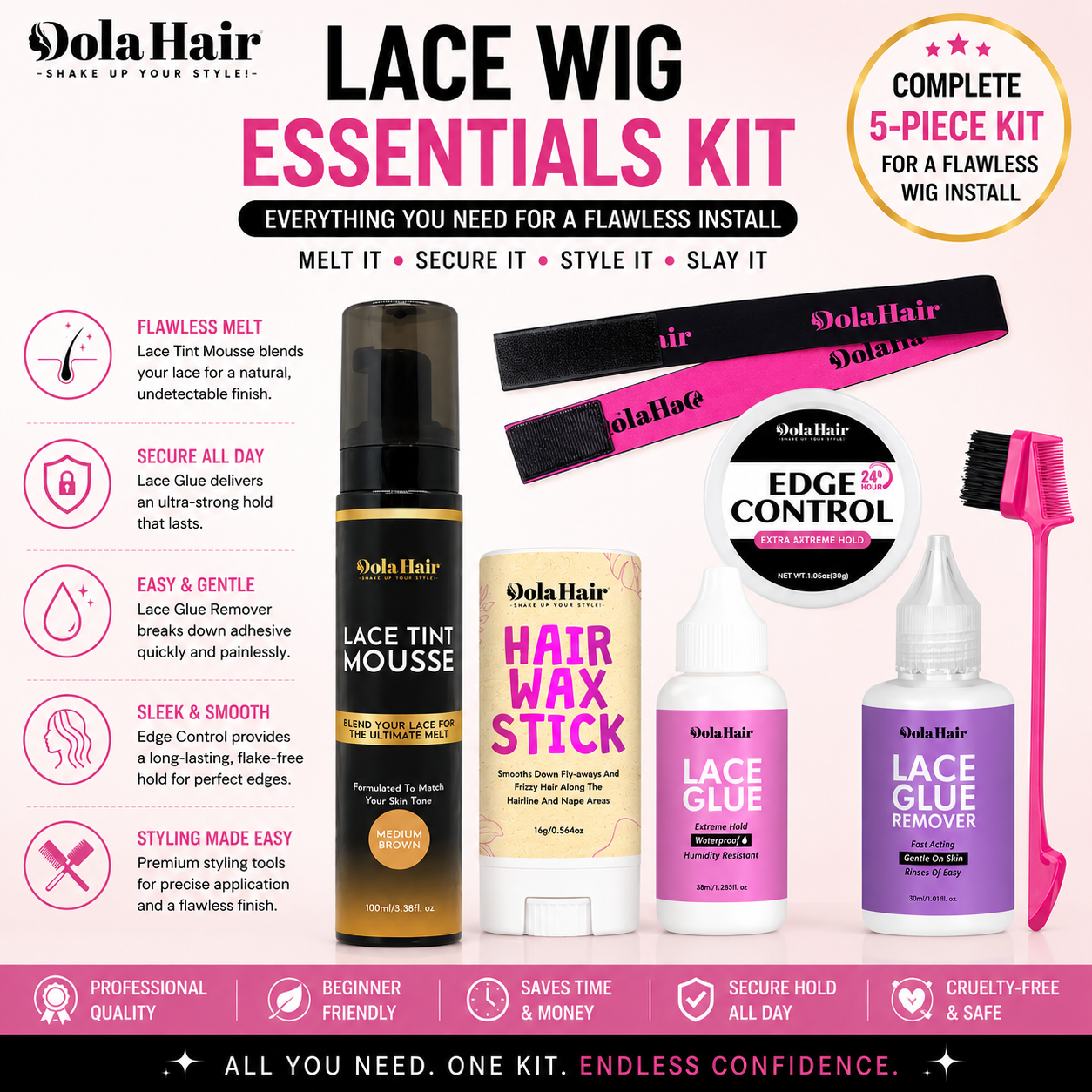 DolaHair Lace Wig Essentials Kit – Lace Tint Mousse, Glue, Remover, Edge Control & Styling Tools