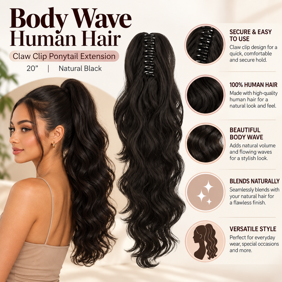 Body Wave Human Hair Claw Clip Ponytail Extension Clessenza Beauty Store