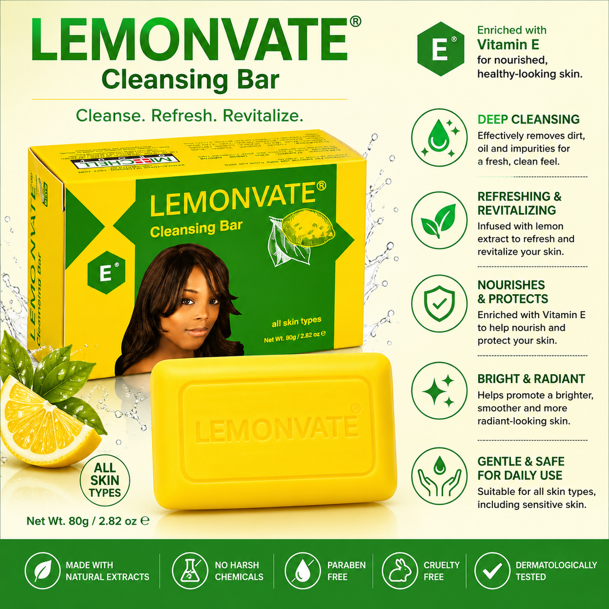 Lemonvate – Refreshing Cleansing Bar Soap, 80g Lemonvate