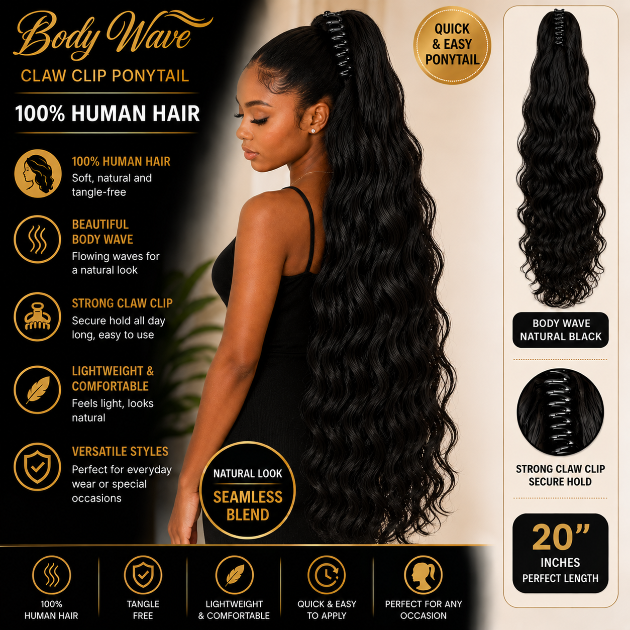 Extension Ponytail Body Wave à pince griffe en cheveux humains 100 % naturels
