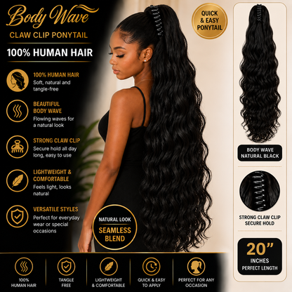 Extension Ponytail Body Wave à pince griffe en cheveux humains 100 % naturels