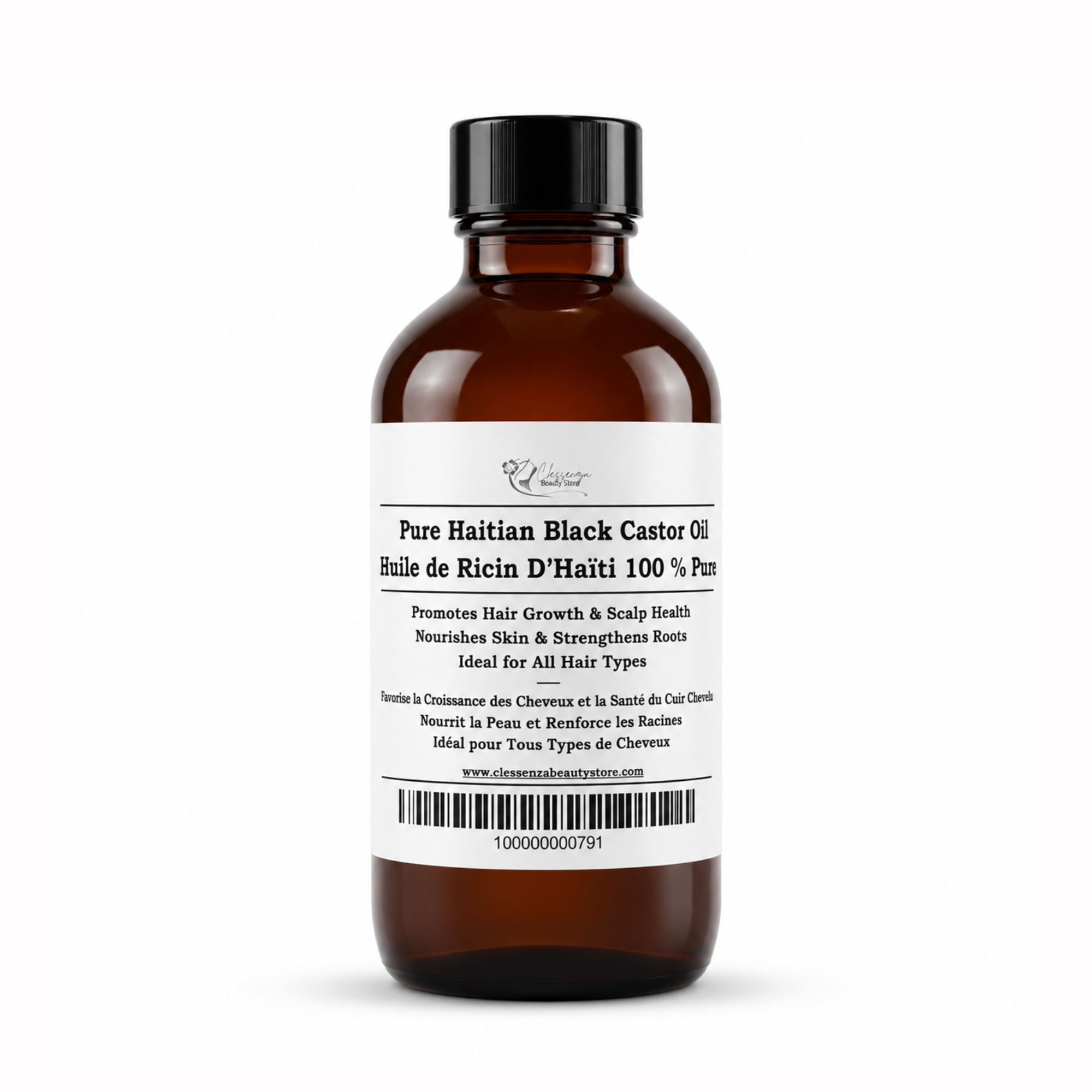 Brown bottle of Pure Haitian Black Castor Oil with a white label on a white background