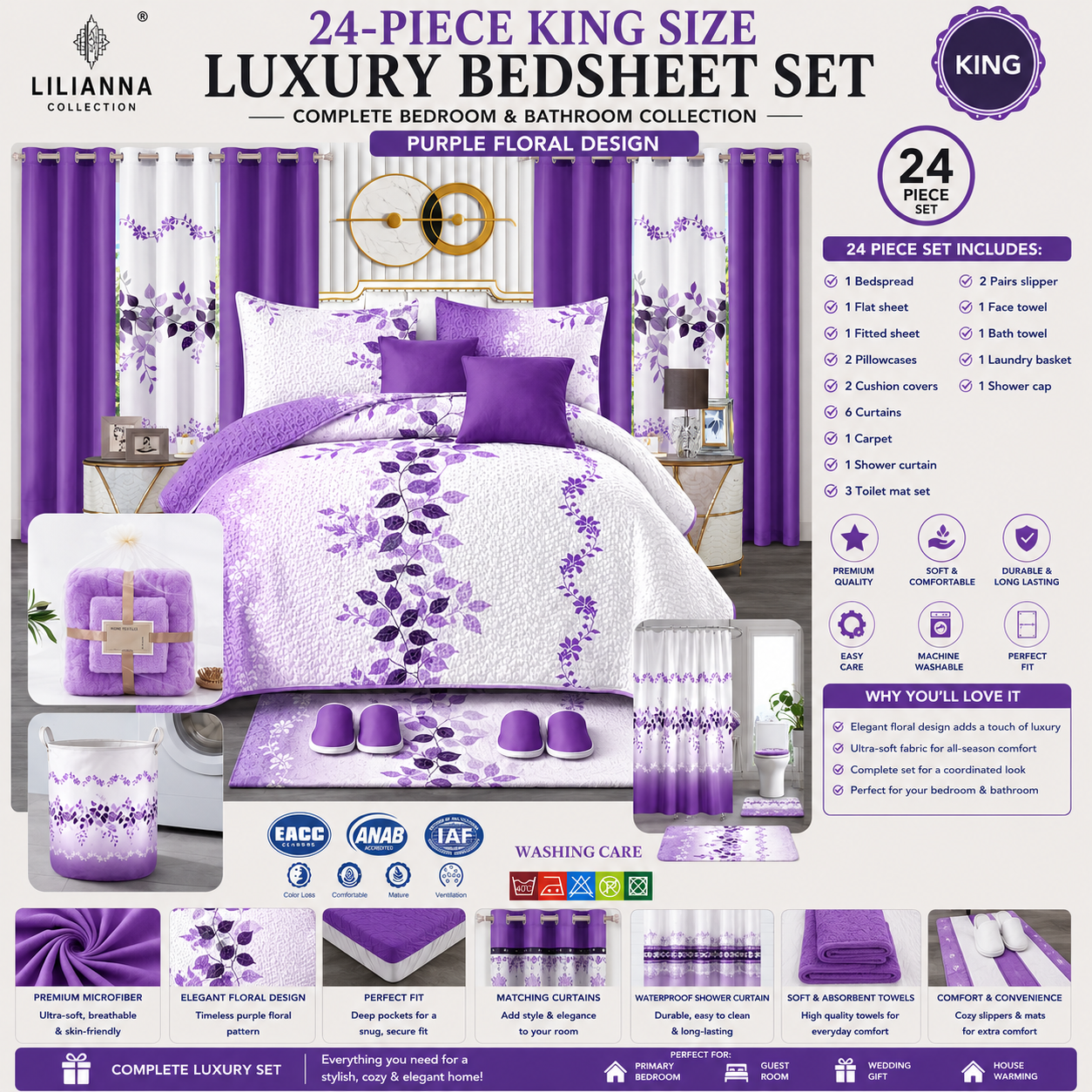 24-Piece King Size Luxury Bedding Set with Curtains & Bathroom Accessories – Purple Floral Design