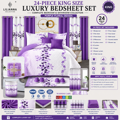 24-Piece King Size Luxury Bedding Set with Curtains & Bathroom Accessories – Purple Floral Design