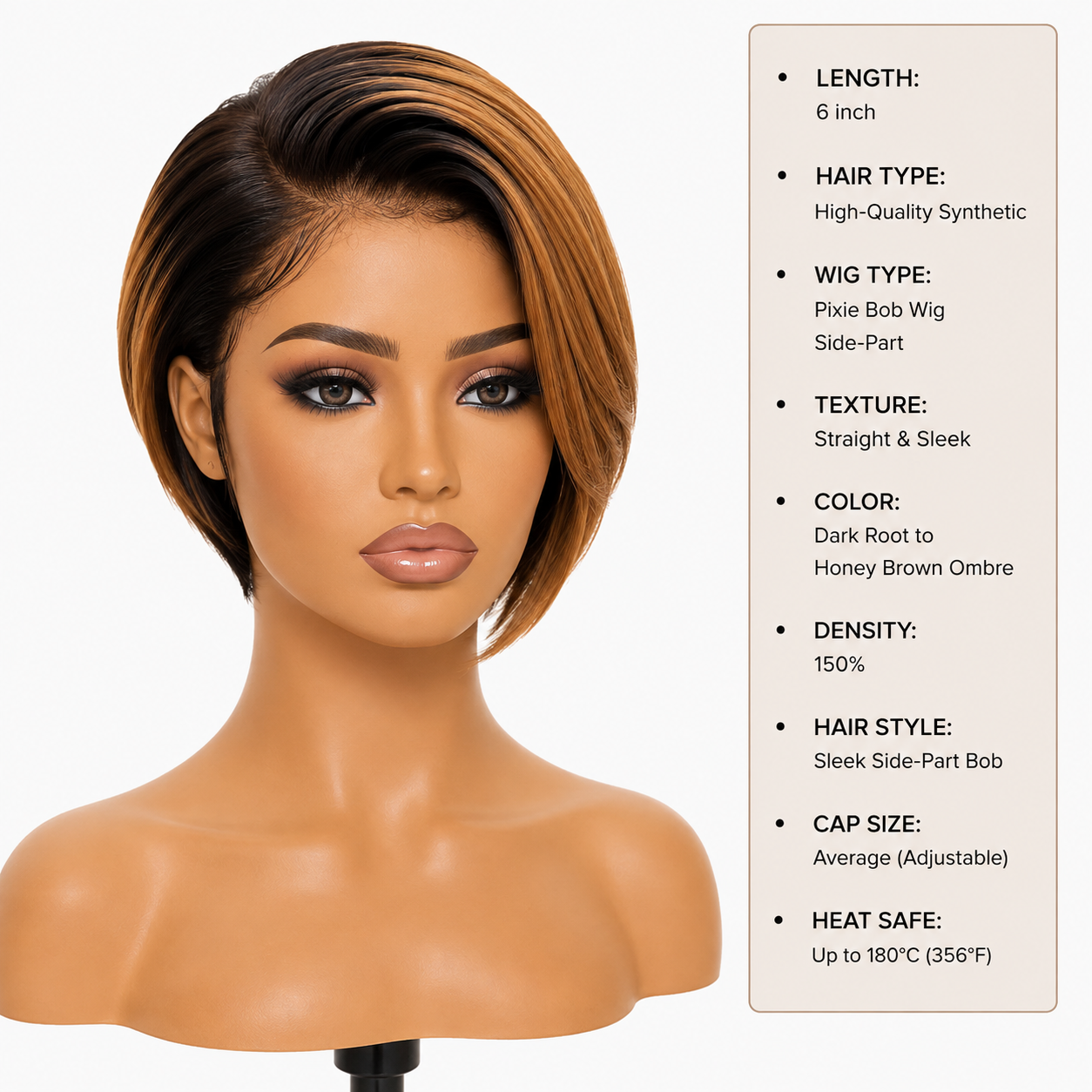 Luxury Ombre Short Bob Wig – Sleek Side-Part Synthetic Pixie Bob, Dark Root to Honey Brown Clessenza Beauty Store