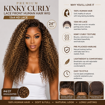 Advertisement for a kinky curly lace front human hair wig with product details on a gray background.