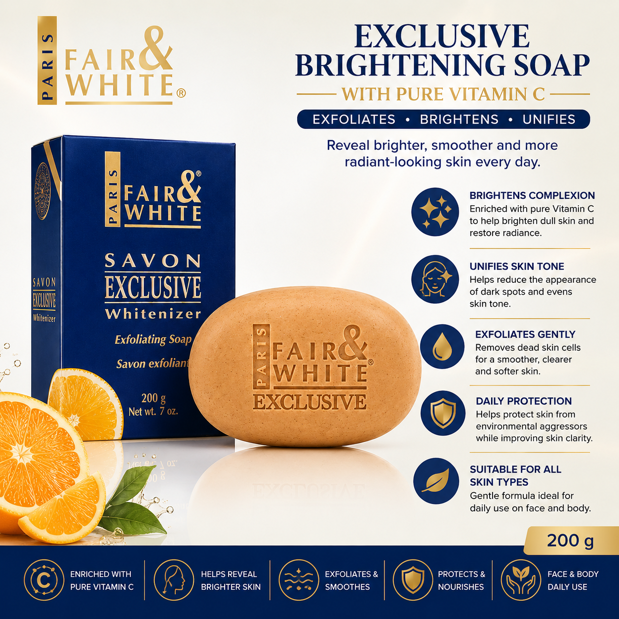 Fair & White Paris – Exclusive Brightening Soap with Pure Vitamin C, 200g