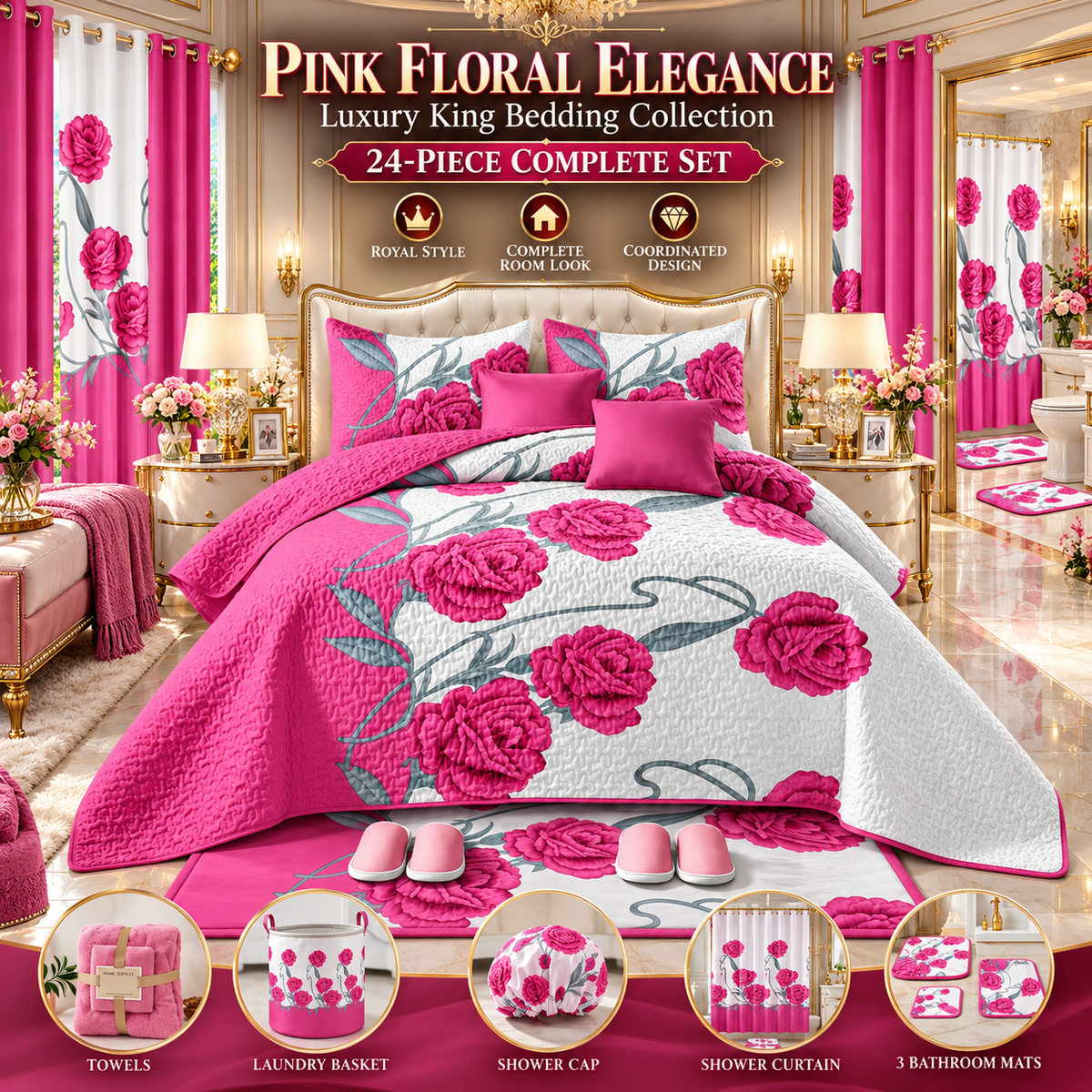 24-Piece Luxury Bedding Set with Matching Curtains & Bathroom Accessories – Pink Floral Elegance Clessenza Beauty Store