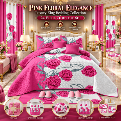 24-Piece Luxury Bedding Set with Matching Curtains & Bathroom Accessories – Pink Floral Elegance Clessenza Beauty Store