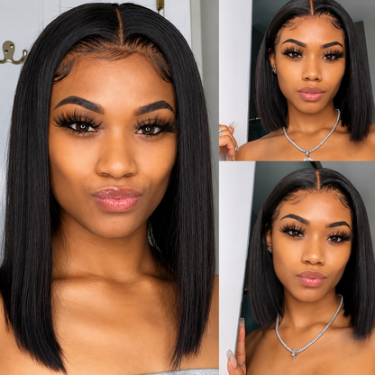 13×4 Lace Front Human Hair Bob Wig – 12″ Straight – Natural Black – 150% Density Clessenza Beauty Store