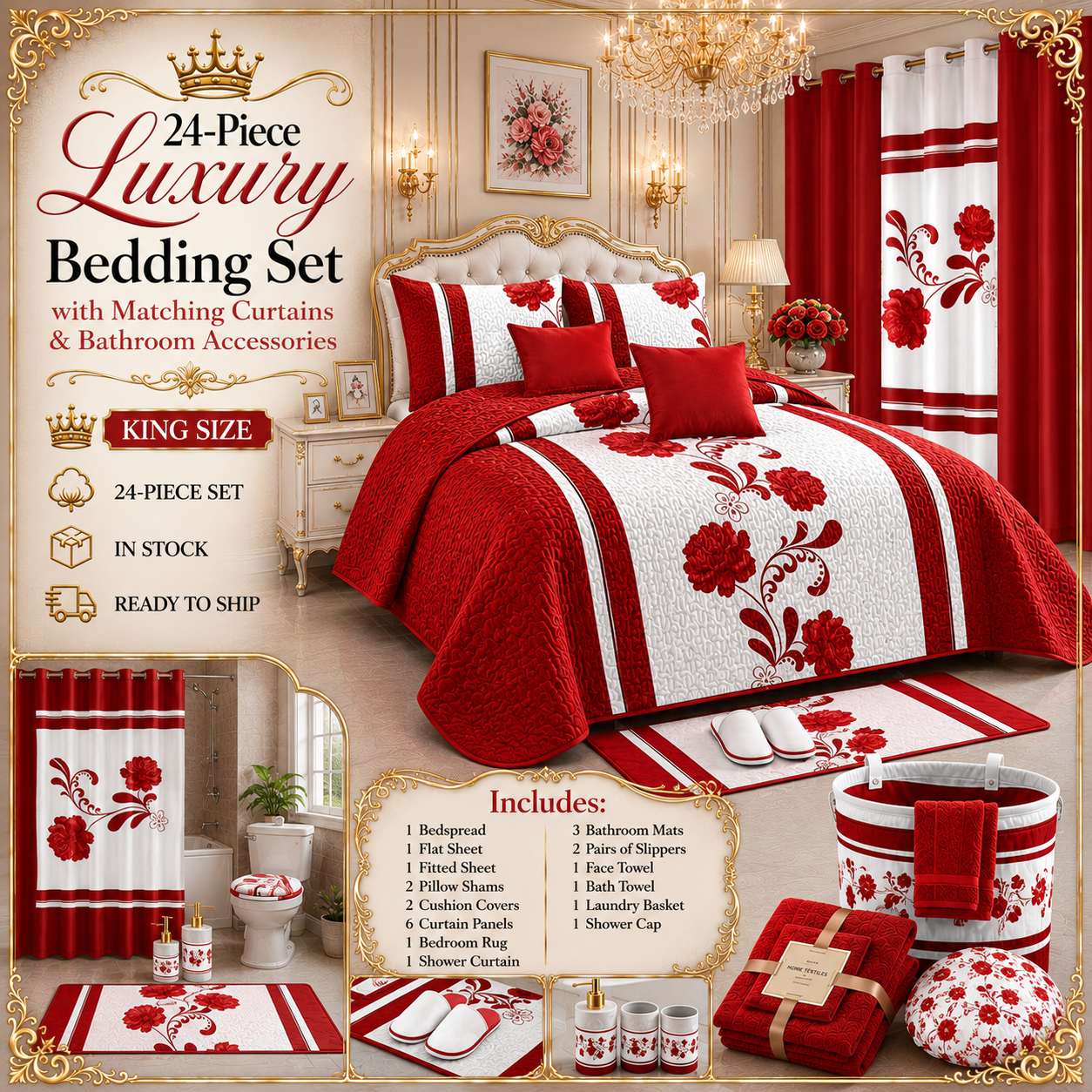 24-Piece Luxury Bedding Set with Matching Curtains & Bathroom Accessories – Red Floral Elegance Clessenza Beauty Store